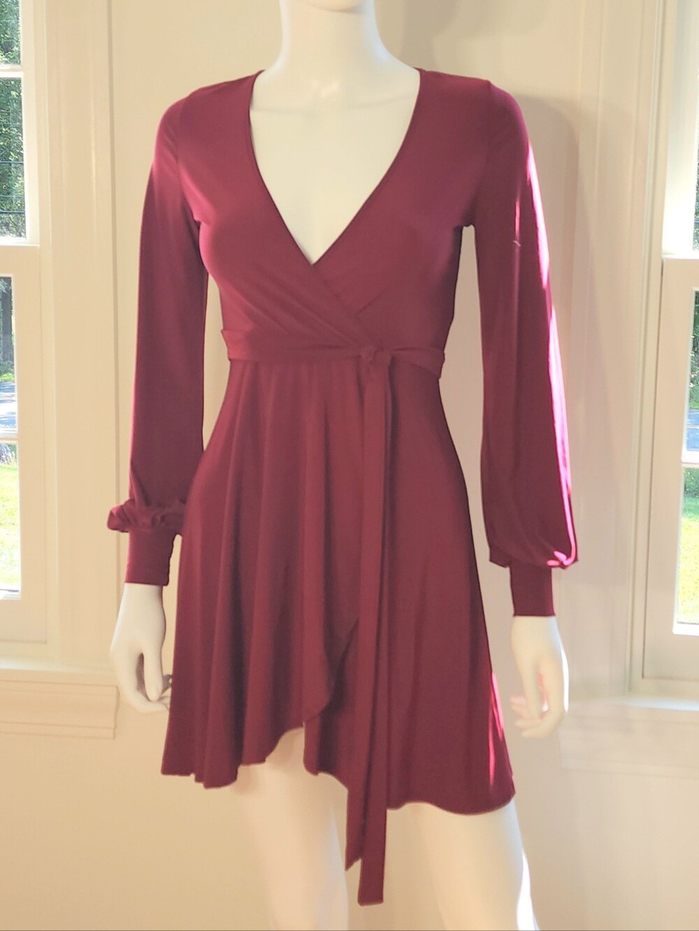 Forever 21 Faux Wrap Dress Long Sleeve Mini Vneck Red Cranberry Maroon Burgundy - Picture 1 of 8